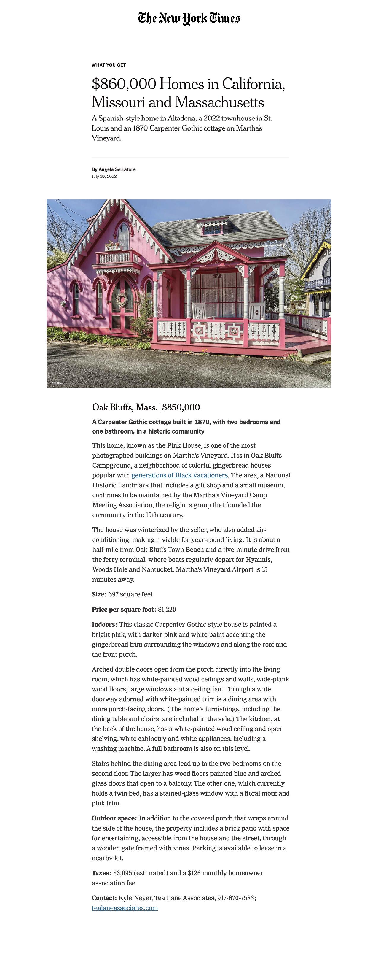 New York Times Features The Pink House, Oak Bluffs Tea Lane Associates